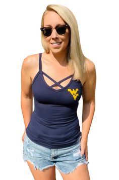 WVU Women's Tank Trendy Stretch Crisscross Tops, Casual Strappy Tops With Built-in Bra, Strappy Stretch Cross-tied Tops, Fitted Tank Top With Crisscross Straps, Fitted Strappy Top With Crisscross Straps, Stretch Tank Top With Cross Back Straps, Strappy Top With Built-in Bra, Casual Cross Back Tank Top With Built-in Bra, Trendy Sleeveless Cross-tied Tops