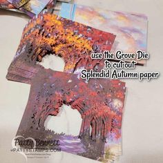 three pieces of paper with the words use the grove die to cut out splendid autumn paper