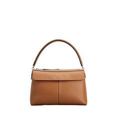 Tod's top handle bag in leather  Flat top handle  Zip top closure  Exterior, flap slip pocket and zip pocket  Approx. 6.6"H x 11"W x 4.5"D Made in Italy Luxury Tan Flap Bag With Top Handle, Tan Satchel With Detachable Strap And Top Handle, Tan Top Handle Satchel With Detachable Strap, Tan Top Handle Shoulder Bag, Classic Tan Satchel With Top Handle, Classic Tan Top Handle Satchel, Evening Tan Top Handle Satchel, Classic Tan Shoulder Bag With Top Carry Handle, Elegant Flap Shoulder Bag With Handle Drop