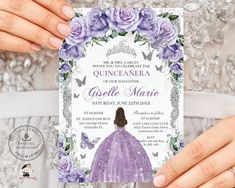 a woman holding up a purple and white princess birthday party card with flowers on it