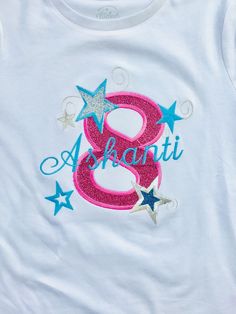 "8 th Birthday Party Girls Sparkle Top Personalized Shirt, done in any age, and in any colors, features multimedia embroidery. this is Heat press, but also embroidery for lasting effect. Personalized for the special day, or a special Gift. In the \"note to seller\" box, please include: 1. Size of shirt 2. phone number if I have questions 3. Any special requests please convo first Need you order quickly, move your order to the top of the list here: https://www.etsy.com/listing/163321545/in-a-rush Pink Glitter Print Top For Birthday, Pink Embroidered Top For Birthday Party, Embroidered Pink Tops For Birthday, Pink Embroidered Top For Birthday, Girls 3rd Birthday, Sparkle Top, Number Shirt, Shark Shirt, Birthday Tutu Outfit