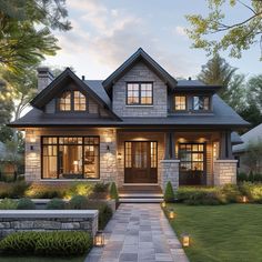 a large house with lots of windows and lights on it's front porch, surrounded by greenery