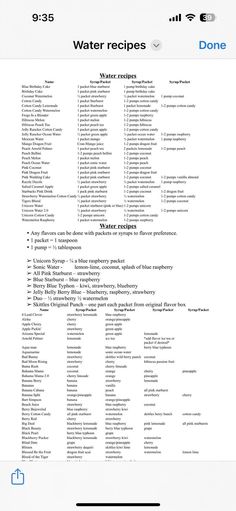 the menu for water recipes is shown on an iphone screen, and it appears to be in