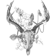 a drawing of a deer skull with flowers on it's antlers and horns