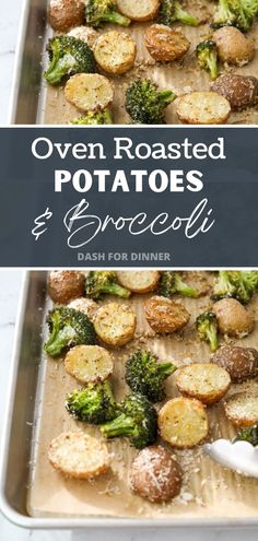 oven roasted potatoes and broccoli on a baking sheet