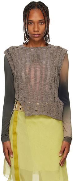 Open knit merino wool and recycled nylon-blend tank top. Laddering throughout. · Mulesing free · Round neck · Asymmetric hem Supplier color: Taupe Paloma Wool, Wool Clothing, Tank Top Camisole, Open Knit, Cool Sweaters, Asymmetric Hem, Paloma, Luxury Streetwear, Lace Skirt