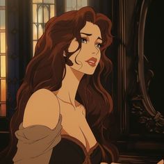 an animated image of a woman with long brown hair in a black dress looking at her cell phone