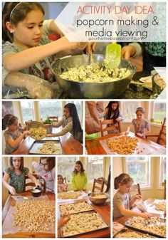 a collage of pictures showing how to make popcorn making and media viewing activities for kids