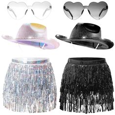 PRICES MAY VARY. What's Included in the Package: you will receive 2 pieces cowgirl hats, one in silver and the other in black, with LED lights shining on them, 2 pieces heart shaped sunglasses, one in transparent and the other in ash black, and 2 pieces sequin skirts, one in silver and the other in black; The rich package content enough to meet your various need LED Cowgirl Hat: our light up hats are equipped with shining LED lights on the bottom, and you can press the button to change the LED s Coachella Outfit Glitter, Taylor Swift Reputation Era Outfits, Matching Rave Outfits, Space Cowgirl Costume, Sabrina Concert, Cowgirl Outfits Party