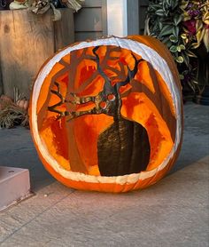 a carved pumpkin with an image of a deer in the center and trees on it