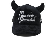 Make a statement at your next festival with our horned trucker! Sure to get you lots of compliments and make you stand out in the crowd Faux fur 'Electric Paradise' 3D embroidery Adjustable snapback Alternative Style Adjustable Cap, Adjustable Alternative Style Cap, Black Novelty Hats For Festivals, Novelty Black Hats For Festivals, Alternative Style Black Adjustable Hat, Trendy Black Hat For Music Festival, Alternative Adjustable Hat For Festivals, Black Snapback Hat For Summer Festival, Edgy Adjustable Snapback Hat