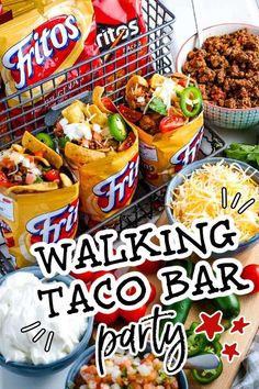 top view of walking tacos in a bag with bowls of garnishes and text overlay. Walking Tacos In A Bag, Tacos In A Bag, Nacho Bar Party, Walking Taco Bar, Mexican Chips, Taco Games, Taco In A Bag, Beef Taco Seasoning, Taco Bar Party