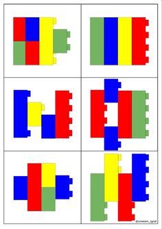 four squares with different colors and shapes