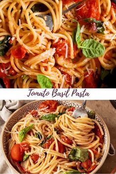 two pictures with different types of pasta in them and one has tomato sauce on it