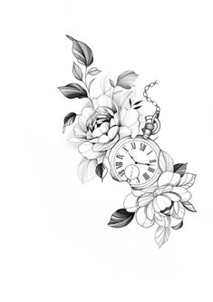 a black and white drawing of flowers with a clock on it's side,