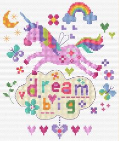 a cross stitch pattern with an image of a unicorn and the words dream on it