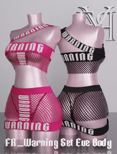 two female mannequins are shown with the words warning set eye body on them