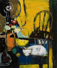 an abstract painting of a chair, table and vases on a yellow background with white dog laying in the foreground