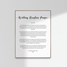 a wedding reception program is hanging on the wall