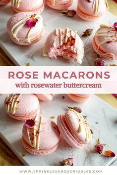 pink macarons with rosewater buttercream are on a white platter