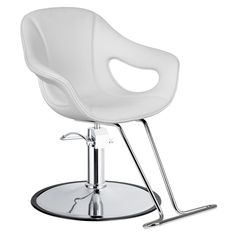 a white chair sitting on top of a metal base