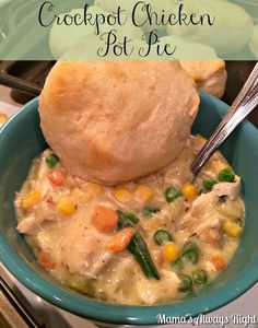 a blue bowl filled with chicken pot pie