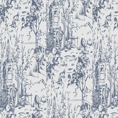 a blue and white wallpaper with trees, bushes and buildings in the background that is drawn by hand