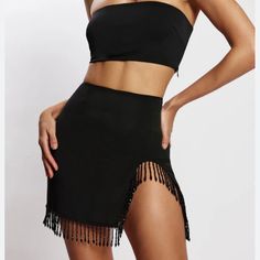 Sexy Split Mini Skirt With Beaded Fringes Club Mini Skirt With Fringe, Festival Fitted Fringe Mini Skirt, Spring Mid-rise Mini Skirt With Frayed Hem, Fitted Black Mini Skirt With Fringe, Stretch Mid-rise Mini Skirt With Frayed Hem, Beaded Fringe, Mini Skirt, Womens Skirt, Split