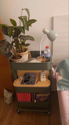 a bedroom with a bed, nightstand and plant