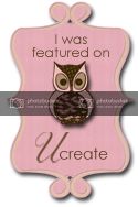 an owl is sitting on top of a pink sign that says, i was featured on u create