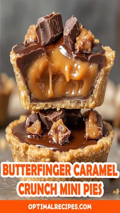 two pieces of peanut butterfinger caramel crunch mini pies stacked on top of each other