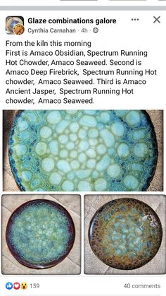 two pictures of the same bowl with different colors and designs on it, one is blue and