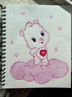 a drawing of a teddy bear sitting on top of a cloud with a heart in its paws