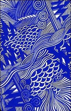 a blue and white painting with fish on it