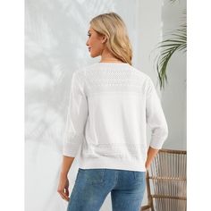 Introducing our Women's 3/4 Sleeve Sweater Shrugs, a stylish and versatile addition to your wardrobe! This cropped sweater cardigan features a charming crochet design, complete with button-down details and ribbed cuffs for a refined touch. Crafted from a high-quality blend of 80% viscose and 20% nylon, it offers a lightweight feel that allows for comfortable wear throughout the seasons. The unique birdeye knit detail adds a sophisticated texture, making it perfect for layering over your favorite White 3/4 Sleeve Winter Sweater, Casual White Cardigan With 3/4 Sleeve, Casual White 3/4 Sleeve Cardigan, White Textured Knit Cardigan With Relaxed Fit, White Relaxed Fit Textured Knit Cardigan, White 3/4 Sleeve Fall Cardigan, White 3/4 Sleeve Cardigan For Fall, Crochet Cropped Sweater, Shrunken Sweater