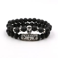 NATURAL STONE BEADS SKULL BRACELETS (4 VARIAN) Metal Skull, Lava Stone Bracelet, Viking Bracelet, Style Rock, Skull Bracelet, Skull Jewelry, Beaded Skull, Viking Jewelry, Charm Bangle