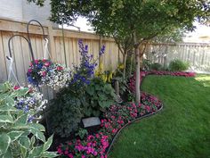 a garden with lots of flowers and trees in the back yard, next to a fence