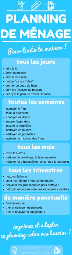 a blue and white poster with the words planning de menage in french on it