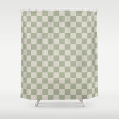 a green and white checkered shower curtain