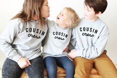 The perfect shirt for family reunions, christmas,family vacations of just a fun day at home! When the cousin crew gets together, there is no better way to celebrate than with these adorable matching shirts. Customize the names in the back as well!  shirts also available on a septette listing 7.5 oz./yd² (US), 12.5 oz./L yd (CA), 60/40 cotton/polyester White is sewn with 100% cotton thread Coverstitched collar, shoulders, armholes ribbed cuffs and waistband CPSIA compliant tracking label in side Christmas Family Vacation, Cousin Crew, Cute Shirt Designs, Family Vacations, Crew Shirt, Family Matching, Matching Shirts, Family Reunion, Kids Tops