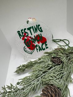 some pine cones are sitting next to a frosted glass ornament that says resting snow face