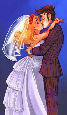 a drawing of a bride and groom kissing in front of a blue sky with clouds