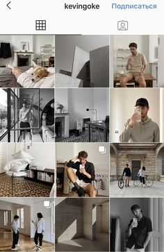 a collage of black and white photos with people in them, including one man sitting on a bed