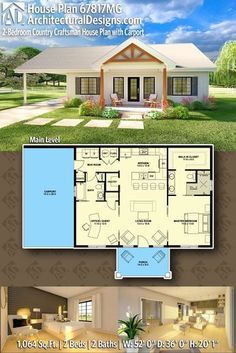 two story house plan with 3 bedroom and 2 bathroom in the front, an open floor plan