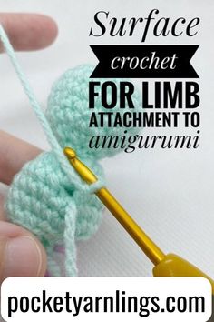 someone crocheting an object with the words surface crochet for limb attachment to armgrim