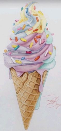 a drawing of an ice cream cone with sprinkles and rainbow colored frosting