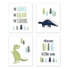 four little boys's nursery wall art prints featuring dinosaurs, trees and the words be brave