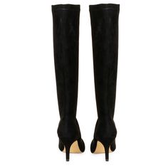 The Saint Jemima black stretch suede knee high boot is a luxury that cleverly combines a stylish youthful outlook. These knee high boots have a black stretch suede upper and a pointed toe to add a touch of style to your everyday look. Made from the finest materials and finished with trending design details. Features a covered stiletto heel, stitching details with paneled finish. complete with leather lining, padded leather footbed with stamped logo and tunit sole. The height of the Boot is- 45.7 Fitted Tall Black Knee-high Boots, Elegant Tall Knee-high Winter Boots, Elegant Tall Mid-calf Winter Boots, Wide Calf Knee-high Boots For Party, Sleek Fitted Knee-high Boots, Sleek High Shaft Fitted Heeled Boots, Sleek High Shaft Heeled Boots, Sleek Fitted High Shaft Heeled Boots, Black Knee-high Boots Medium Width