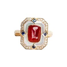 * Condition: Brand new * Center Stone: Natural Ruby from Myanmar, Sugar Loaf Cut, Approx 4.08Carat * Side Stone:  Natural White Diamond, Round Cut, approx 2.16ct in total (VVS clarity with F color) Natural Blue Sapphire, Square Cut, 2mm x 4pcs * Metal Purity: 18k Solid Yellow Gold (optional) * Free DHL Express Shipping. * Attached with Certificate. * Each piece is made-to-order with care and special attention to detail.  all items are made with conflict-free diamonds and gems. * The item will be Luxury Multi-stone Ruby Ring In 14k Gold, Luxury 14k Gold Gemstone Halo Ring, Luxury 14k Gold Halo Ring With Gemstone, Rubin Ring, Ring Blue Sapphire, Blue Sapphire Diamond Ring, Luxury Jewelry Box, Frame Ring, Heritage Jewellery