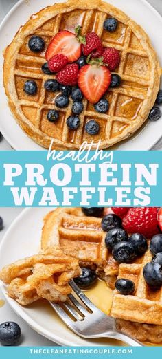 two waffles with blueberries and strawberries on top are shown in this collage